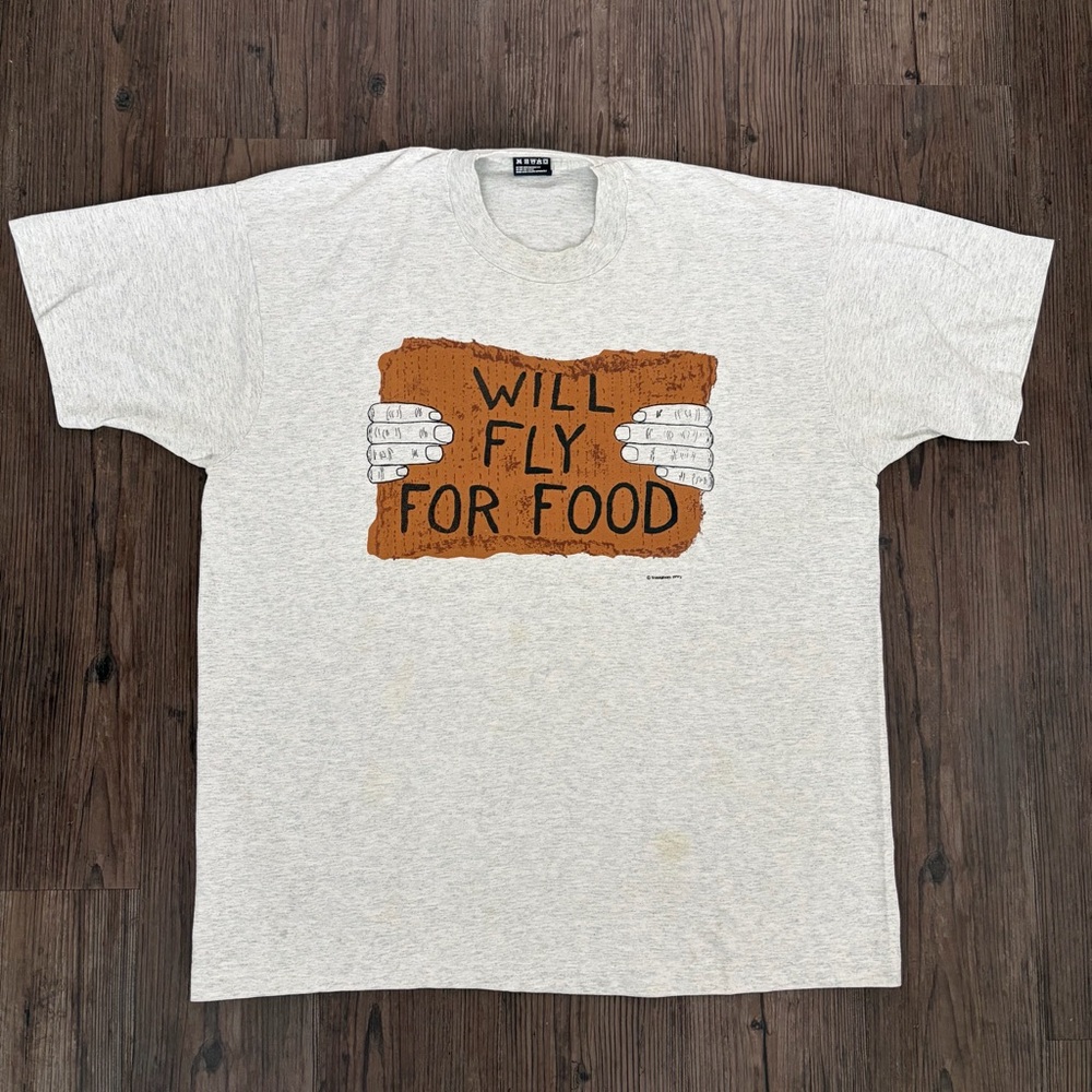 VINTAGE SINGLE STITCH WILL FLY FOR FOOD GRAPHIC T-SHIRT WHITE MEN’S XL